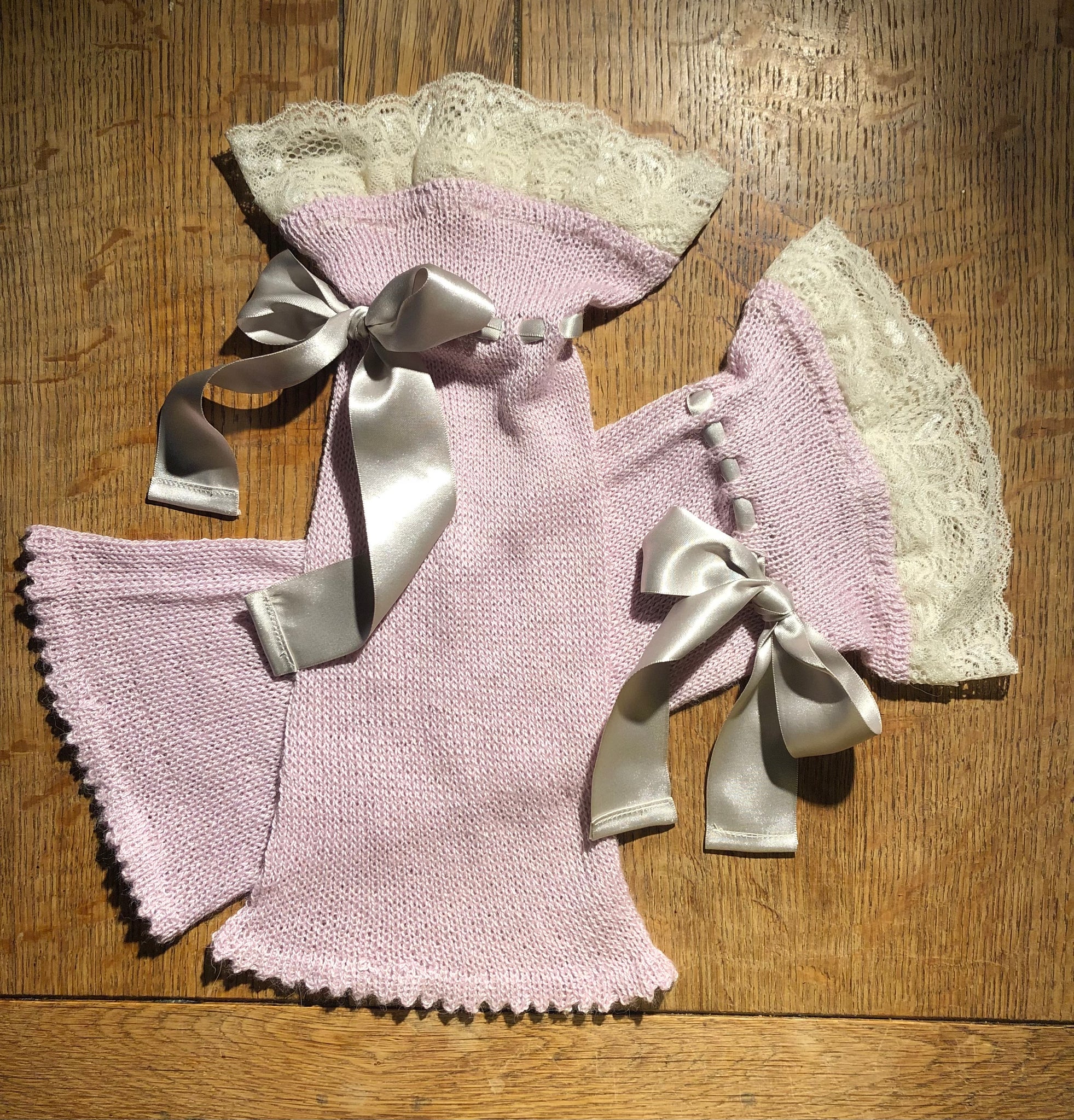 Old rose silk/alpaca handcranked wrist warmers.