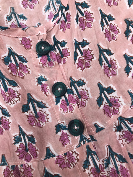 Pink and jade block print Indian cotton women’s  sleeveless button front top (38” bust)