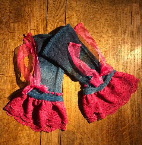 Peacock blue wool blend hand cranked wrist warmers