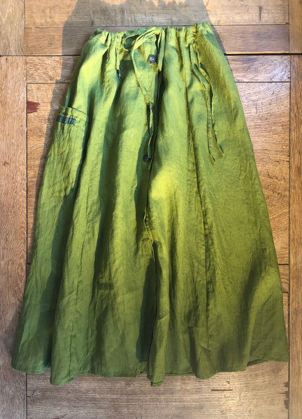 Moss green linen women’s button front long skirt with hook and hike (40” waist)