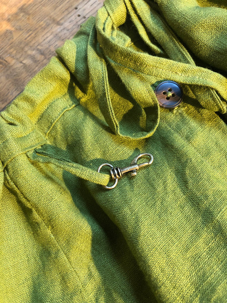 Moss green linen women’s button front long skirt with hook and hike (40” waist)