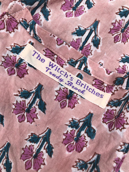 Pink and jade block print Indian cotton women’s  sleeveless button front top (38” bust)