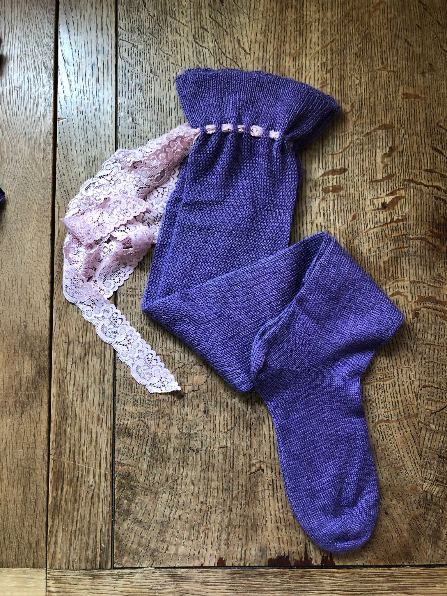 Mauve silk alpaca handcranked over the knee stockings (3-5)