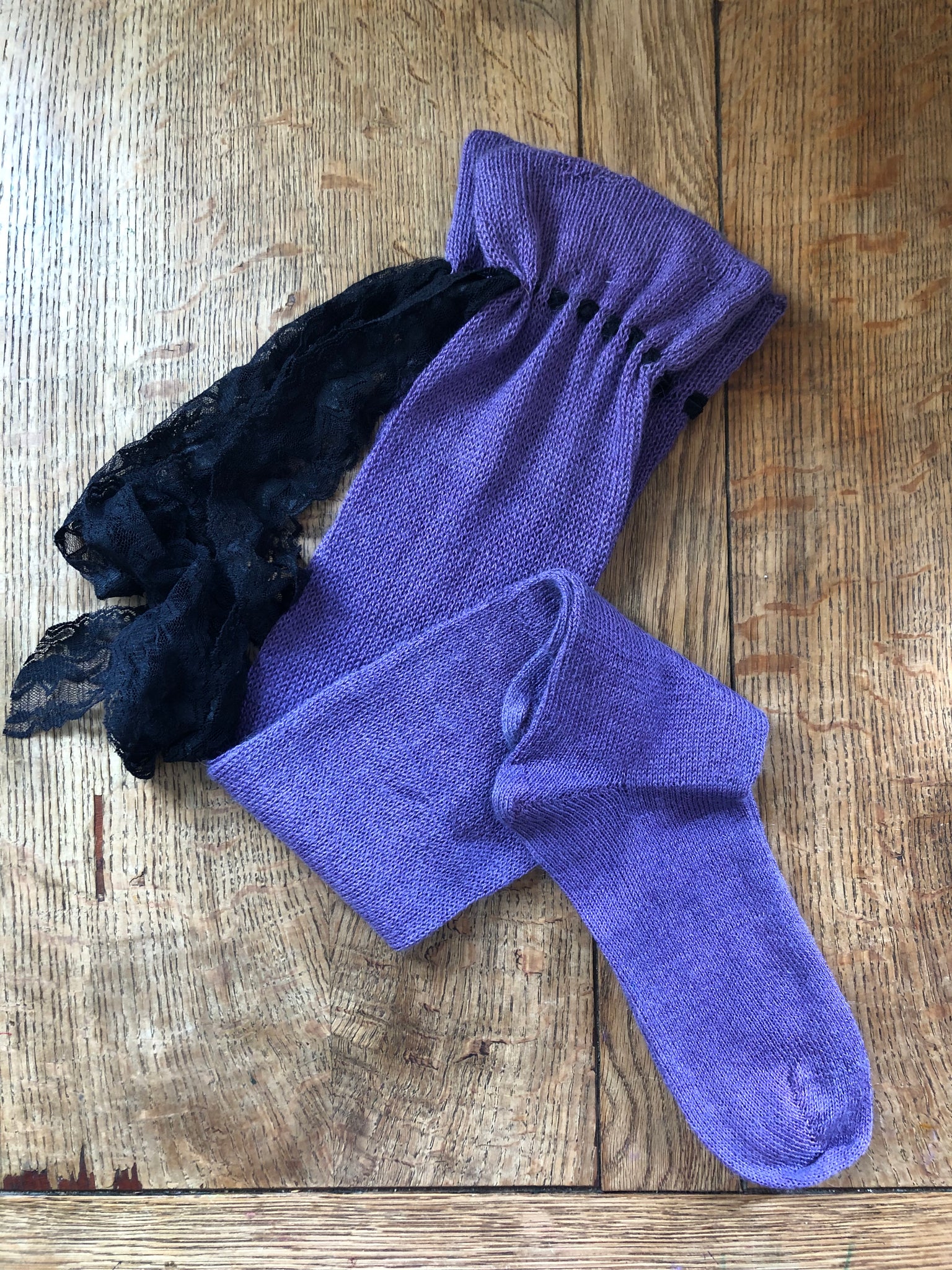 Mauve silk alpaca handcranked over the knee socks (4-6)