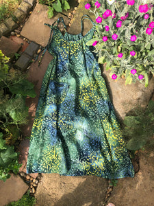 Rainforest green batik cotton women’s long pinafore dress (44” bust)