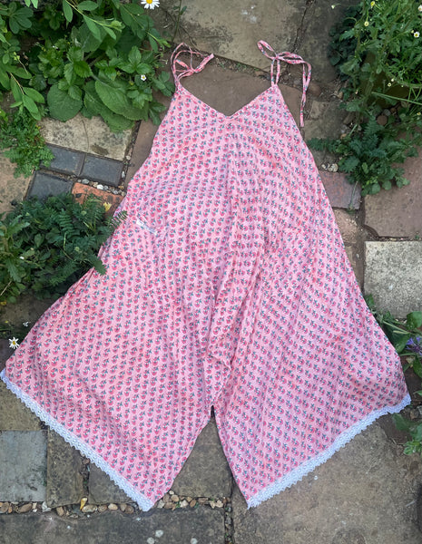 Bubblegum pink Indian block print cotton women’s strappy jumpsuit (40” bust)