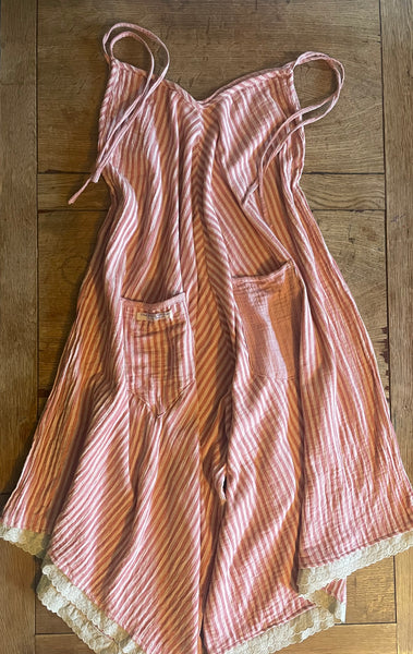 Paprika and skin stripe double gauze cotton women’s strappy jumpsuit (40” bust)
