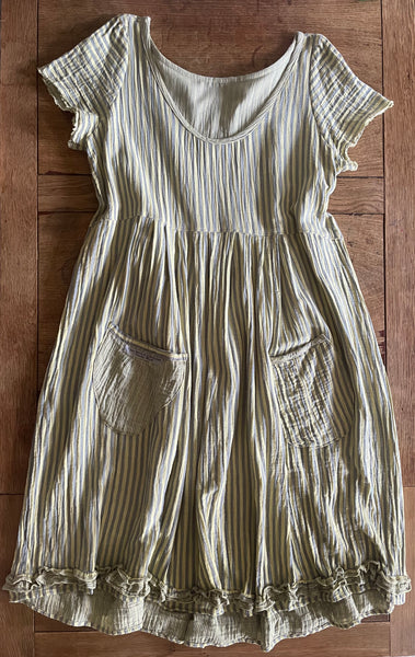 Yellow and grey stripe double gauze cotton women’s short sleeved dress (42”bust)