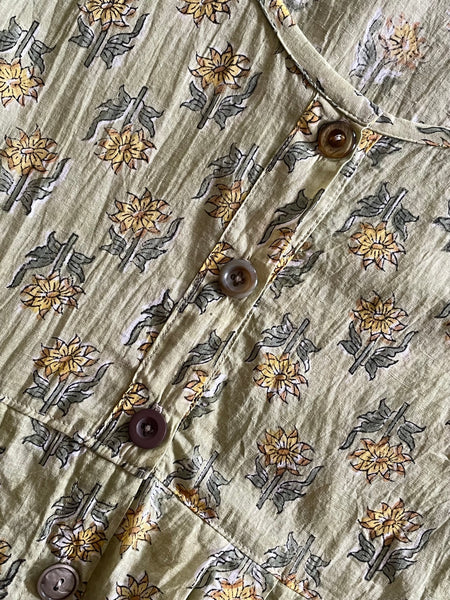 Sunflowers on sage Indian blockprint cotton women’s sleeveless button front dress (40” bust)