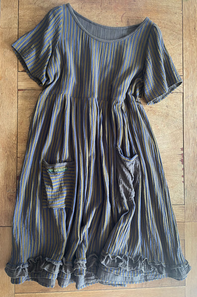 Cobalt and chrome stripe double gauze cotton women’s short sleeved dress (46” bust)