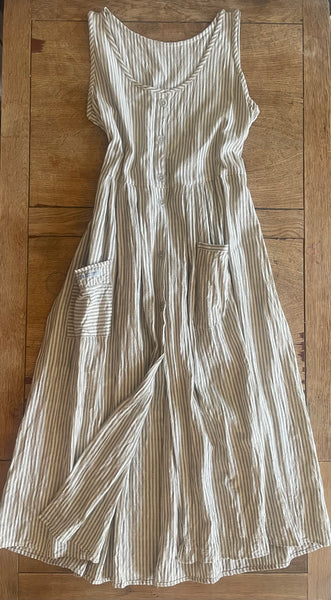 Brown stripe handloom Indian khadi cotton women’s sleeveless button front long dress (40” bust)