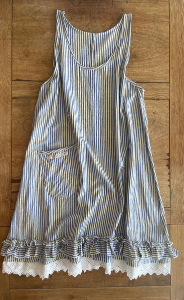 Blue stripe handloom Indian khadi cotton women’s sleeveless dress (44”bust)