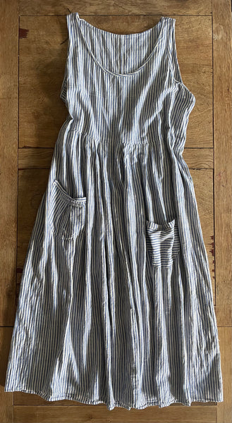 Blue stripe handloom Indian khadi cotton women’s long sleeveless pinafore dress (44” bust)