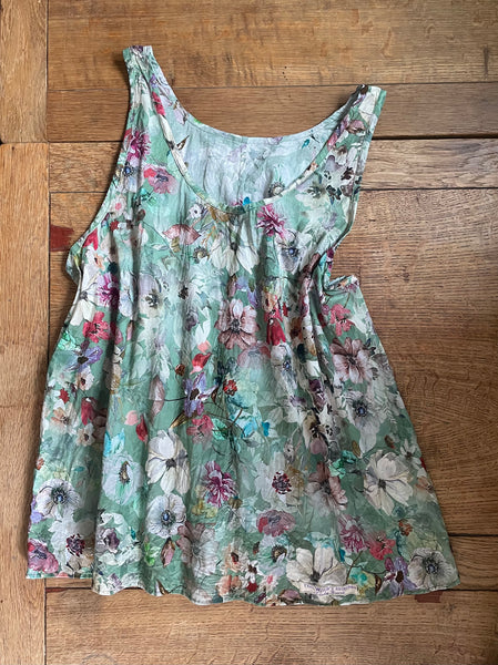 Anemones on green cotton lawn women’s summer camisole top (42” bust)