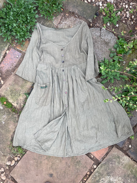 Olive organic fairtrade Indian cotton women’s 3/4 sleeved button front dress (50”)