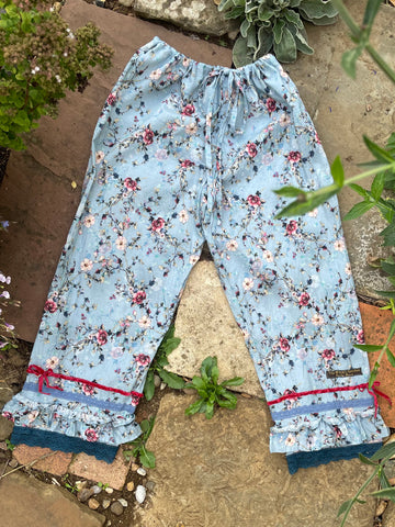 Pink roses on blue cotton lawn women’s long bohemian bloomers (36”)