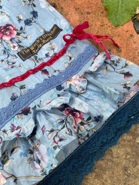 Pink roses on blue cotton lawn women’s long bohemian bloomers (36”)