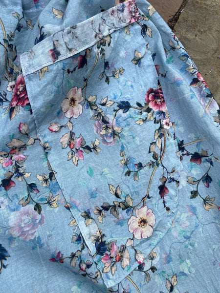 Pink roses on blue cotton lawn women’s long bohemian bloomers (36”)