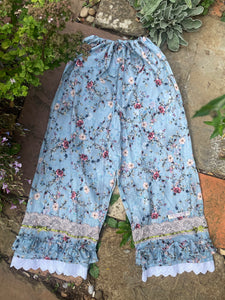 Pink roses on blue cotton lawn women’s long bohemian bloomers (36”)
