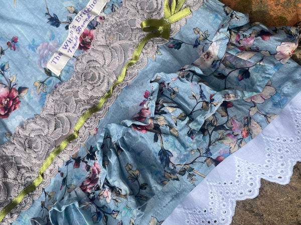 Pink roses on blue cotton lawn women’s long bohemian bloomers (36”)