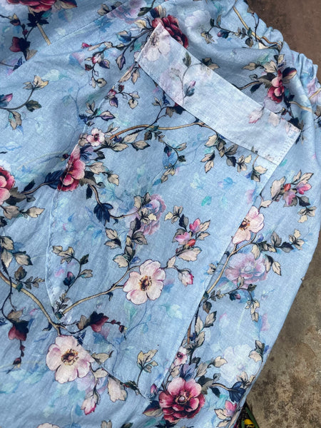 Pink roses on blue cotton lawn women’s long bohemian bloomers (36”)