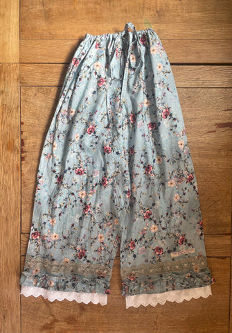Pink roses on blue cotton lawn women’s long Victorian style bloomers (40”)