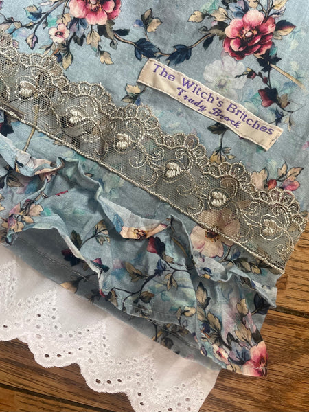 Pink roses on blue cotton lawn women’s long Victorian style bloomers (40”)