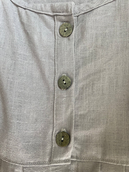 Dove grey linen women’s long button front dress jacket (42” bust)