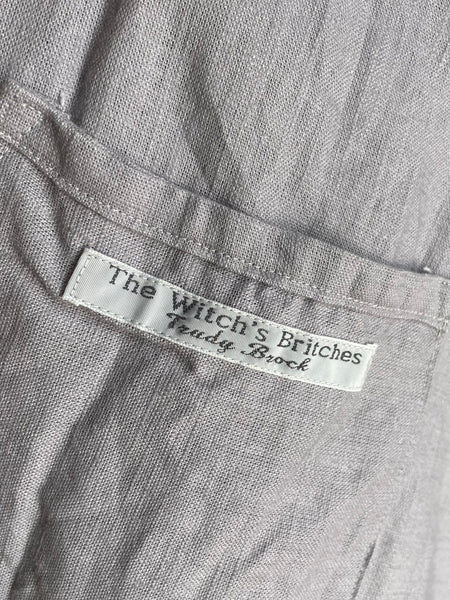 Dove grey linen women’s long button front dress jacket (42” bust)