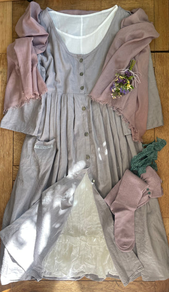 Dove grey linen women’s long button front dress jacket (42” bust)