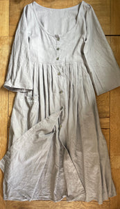 Dove grey linen women’s long button front dress jacket (42” bust)