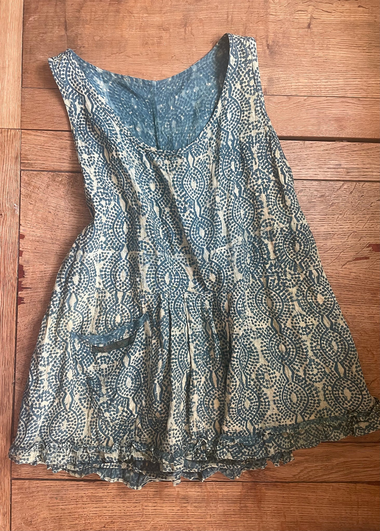 Jade on fawn block printed handloom khadi cotton women’s sleeveless top (38” bust)