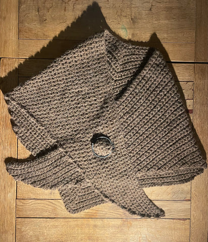 Warm brown hand crocheted pure wool and alpaca shawl with hand forged cloak pin.