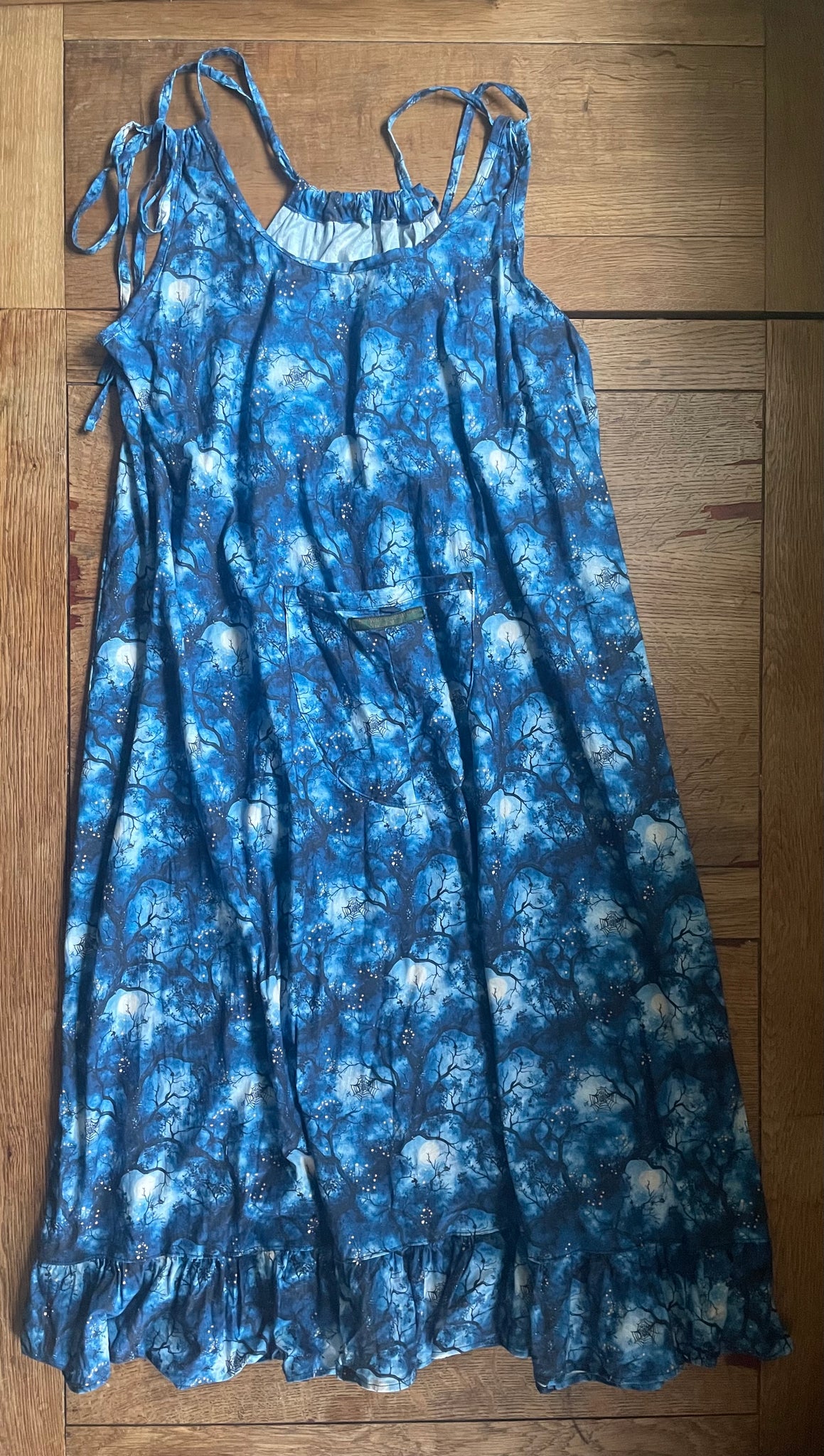 Midnight blue cotton women’s long pinafore dress (46” bust)