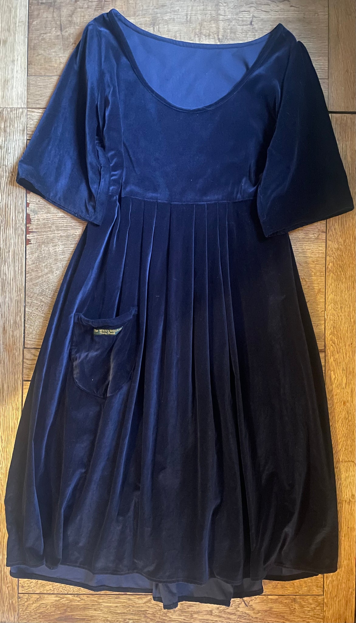 Midnight blue cotton velvet women's mid sleeved dress (46” at bust)