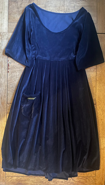 Midnight blue cotton velvet women's mid sleeved dress (46” at bust)
