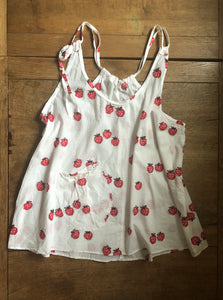 Strawberries print on white cotton batiste women’s camisole/sun top (44” bust)