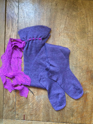 Mauve silk/alpaca hand cranked over the knee stockings (5-7)
