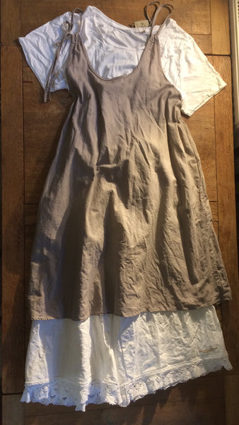 Mushroom shade women’s ramie pinafore dress (42” bust)