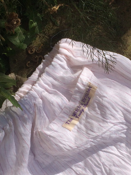 Red stripe on white linen women’s long bloomers (40”)