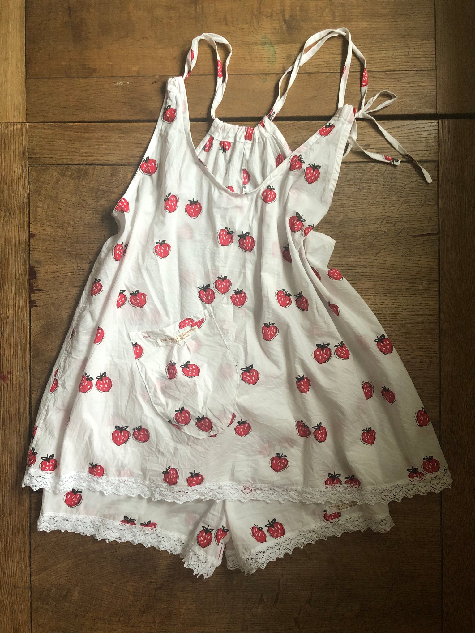 Strawberries print on white cotton batiste women’s camisole /sun top (36” bust)