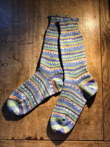 Purple green stripe hand cranked wool blend everyday socks (4-6)