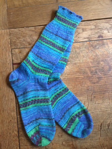 Blue green hand cranked wool blend everyday socks (5-7)