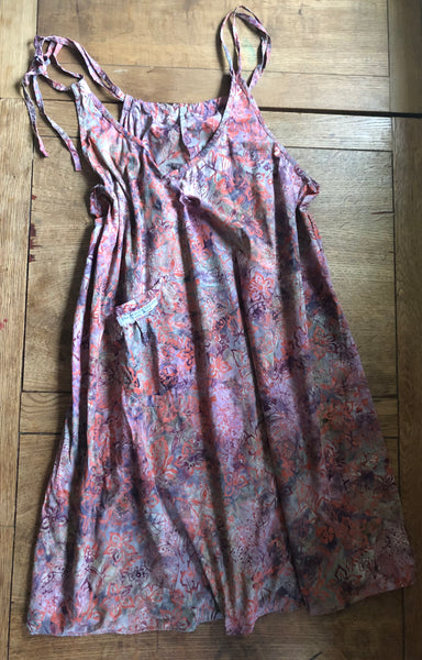 Mulberry and grey batik print cotton women's pinafore dress (48"bust)