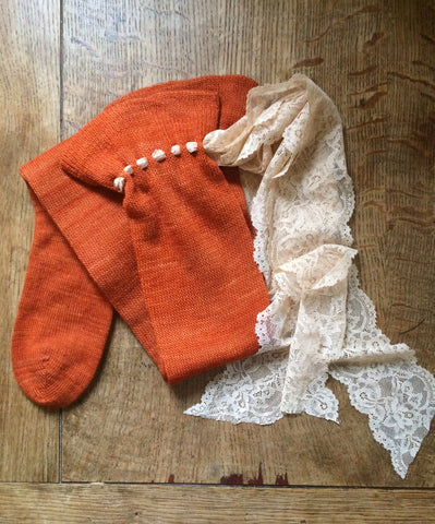 Burnt orange merino lace hand cranked women's over the knee stockings (5-7)