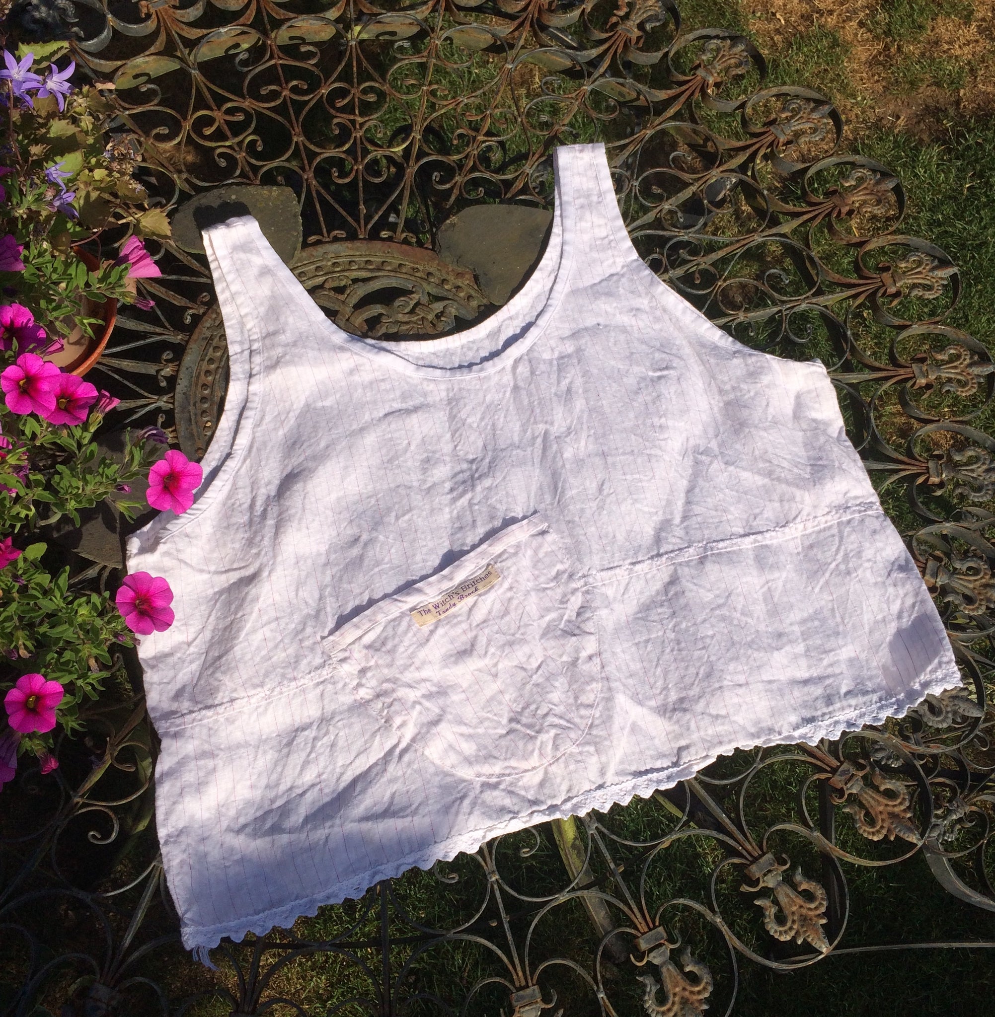 Pink stripe on white linen women's crop top(44" bust)