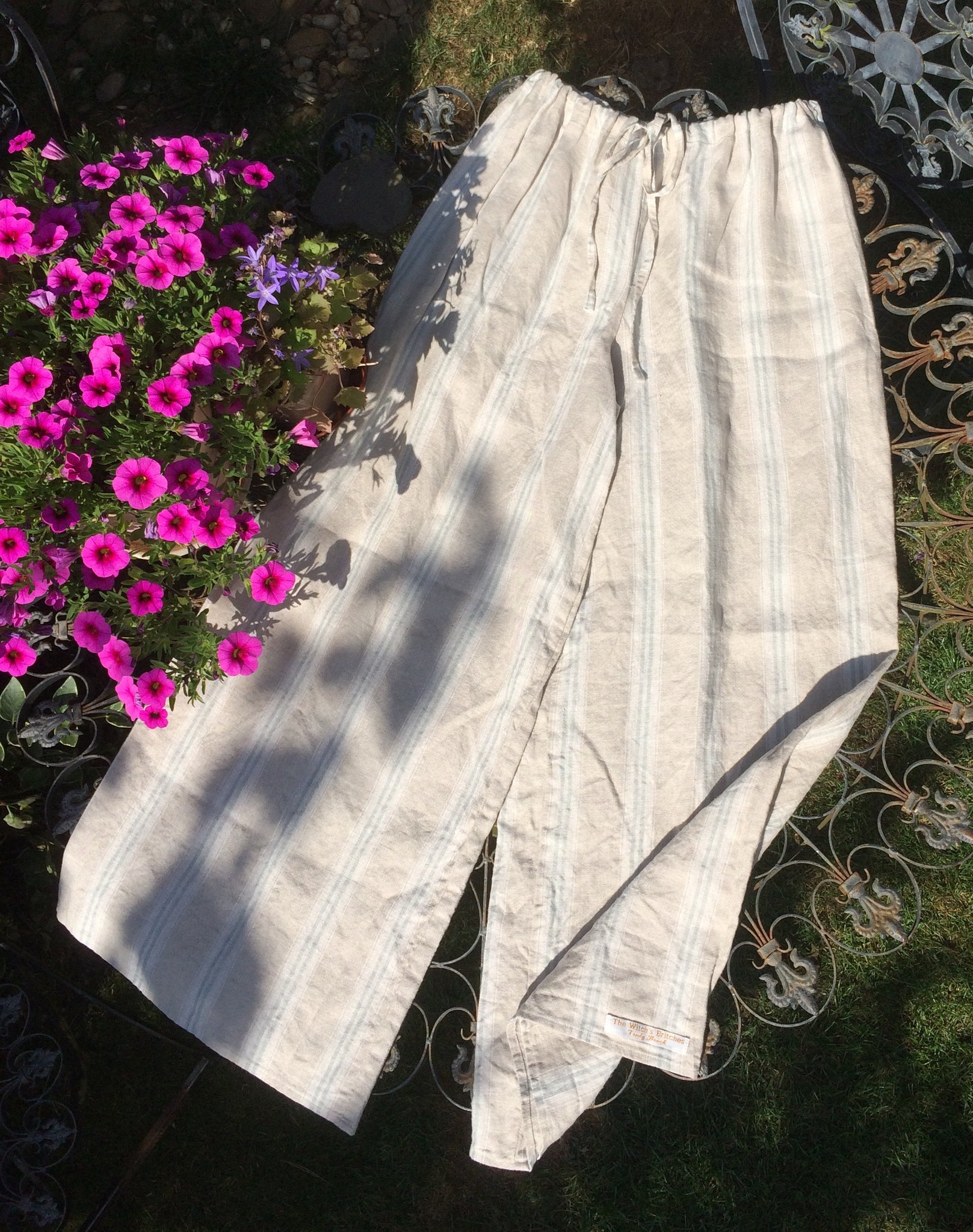 Pale stone stripe linen women's long trousers (40")