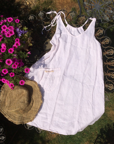 Pink stripe on white linen women's pinafore dress (44")