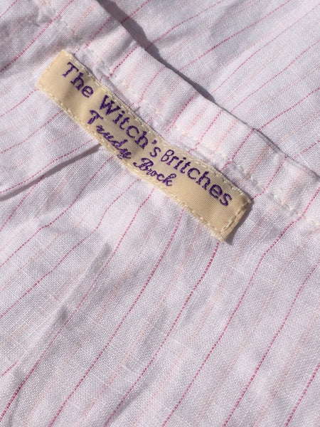 Pink stripe on white linen women's pinafore dress (44")