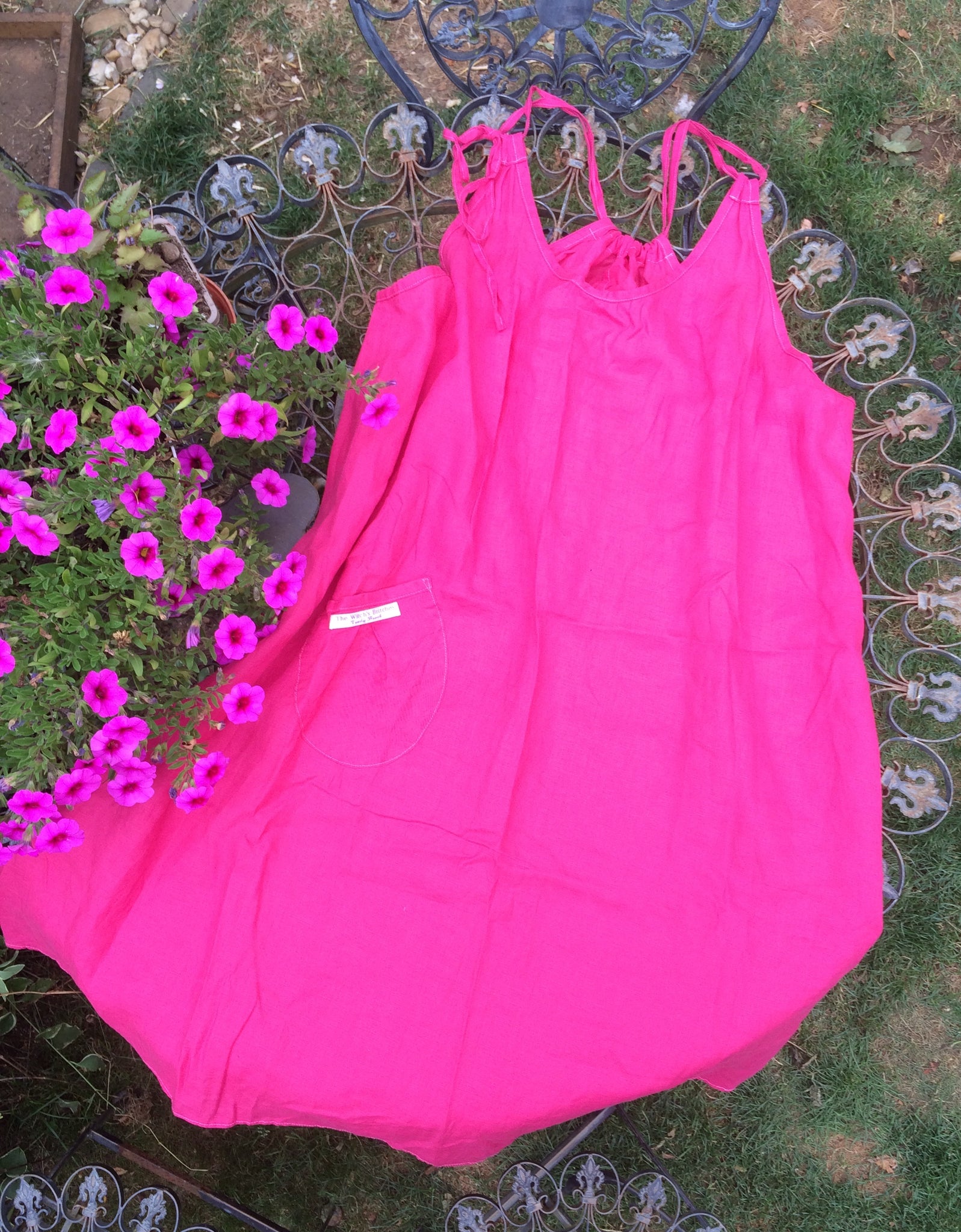 Raspberry linen women's pinafore dress (50" bust)